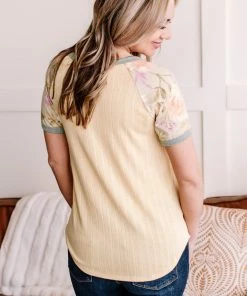 No Ship Drop Ship At Piece Floral Raglan Sleeve Top In Vintage Gold Apparel