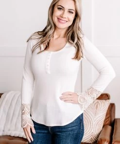 No Ship Drop Ship When I Met You Lace Sleeve Henley In Cream