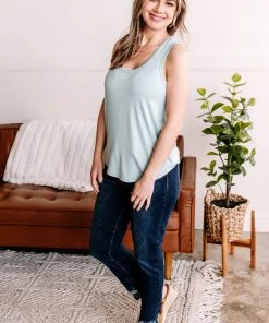 No Ship Drop Ship Walk Softly Scoop Neck Tank Top In Aqua Mist