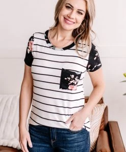 No Ship Drop Ship Right At Home Black & Ivory Floral Pocket Tee Apparel