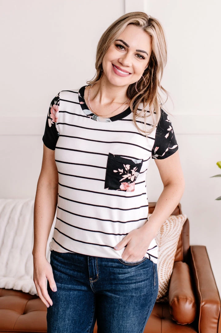 No Ship Drop Ship Right At Home Black & Ivory Floral Pocket Tee Apparel 1 No Ship Drop Ship Right At Home Black & Ivory Floral Pocket Tee Apparel