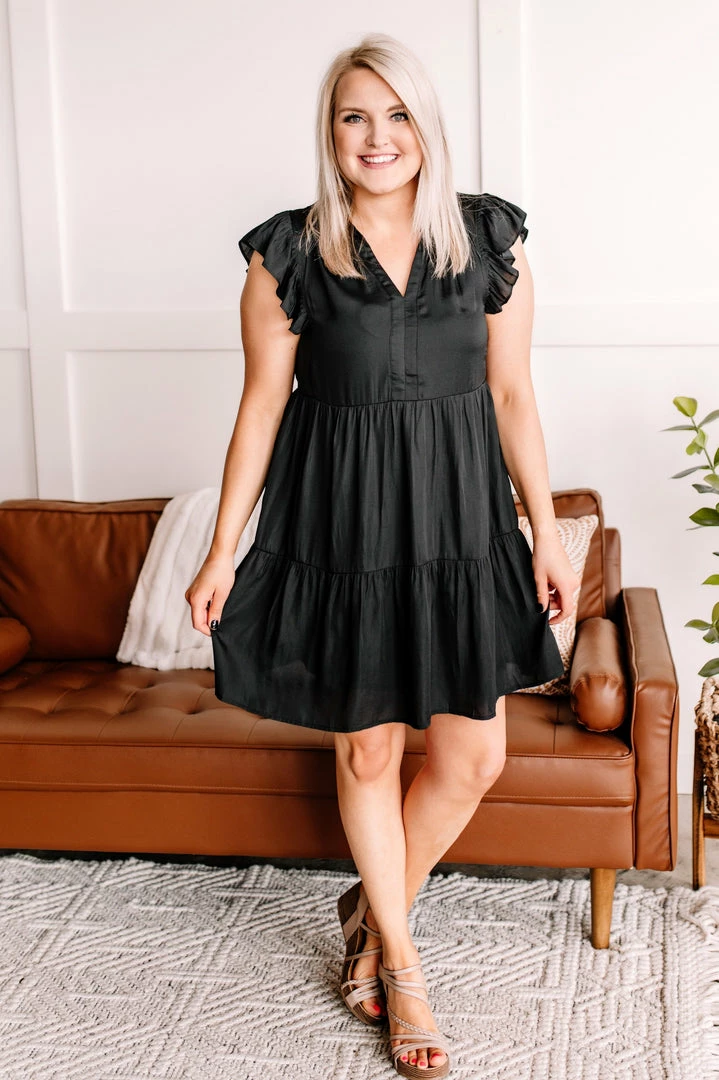 No Ship Drop Ship La La La Satin Tiered Dress In Rich Black 1 No Ship Drop Ship La La La Satin Tiered Dress In Rich Black