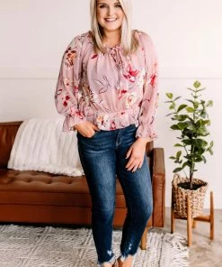 No Ship Drop Ship Dust To Dust Floral Swiss Dot Blouse In Dusty Rose