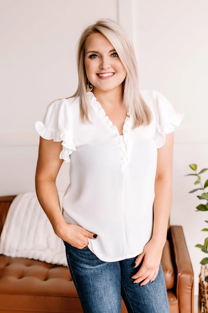 No Ship Drop Ship Pull It Together Ruffle Blouse In Clean White Apparel 1 No Ship Drop Ship Pull It Together Ruffle Blouse In Clean White Apparel