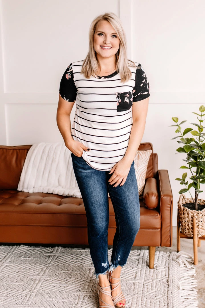 No Ship Drop Ship Right At Home Black & Ivory Floral Pocket Tee Apparel 5 No Ship Drop Ship Right At Home Black & Ivory Floral Pocket Tee Apparel