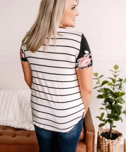 No Ship Drop Ship Right At Home Black & Ivory Floral Pocket Tee Apparel