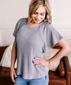 No Ship Drop Ship Oh What A Night Knit Top In Blue/Gray Apparel