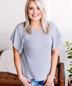 No Ship Drop Ship Oh What A Night Knit Top In Blue/Gray Apparel