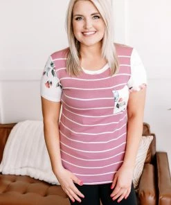 No Ship Drop Ship Apparel Right At Home Marsala & Ivory Floral Pocket Tee