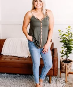 No Ship Drop Ship Apparel A Touch Of Leopard Cami In Olive Green