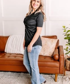 No Ship Drop Ship Oh, Hey There Ruched Button Down Top In Black Apparel