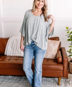 No Ship Drop Ship Apparel On A Wing Flowy Sleeve Top In Sage
