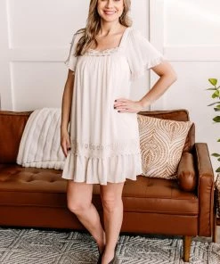 No Ship Drop Ship Oh Pleats Delicate Crochet Dress In Soft Beige Apparel