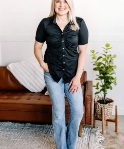 No Ship Drop Ship Oh, Hey There Ruched Button Down Top In Black Apparel