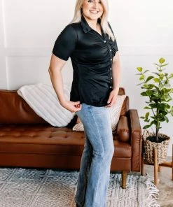 No Ship Drop Ship Oh, Hey There Ruched Button Down Top In Black Apparel