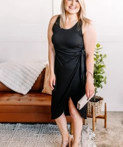 No Ship Drop Ship Through The Curves Tulip Wrap Hem Dress In Jet Black Apparel