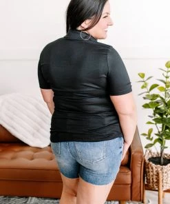 No Ship Drop Ship Oh, Hey There Ruched Button Down Top In Black Apparel