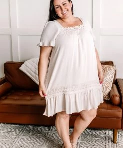 No Ship Drop Ship Oh Pleats Delicate Crochet Dress In Soft Beige Apparel