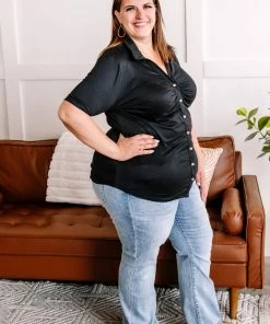 No Ship Drop Ship Oh, Hey There Ruched Button Down Top In Black Apparel