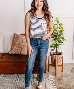 No Ship Drop Ship Apparel Flip A Switch Striped Floral Tank In Navy & Ivory