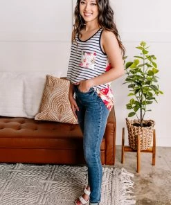 No Ship Drop Ship Apparel Flip A Switch Striped Floral Tank In Navy & Ivory