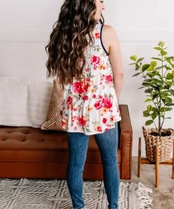 No Ship Drop Ship Apparel Flip A Switch Striped Floral Tank In Navy & Ivory