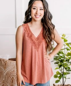 No Ship Drop Ship A Million Miles Crochet V Neck Sleeveless Top In Subdued Sienna