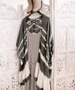 No Ship Drop Ship Apparel Open To Interpretation Tie Back Kimono In Charcoal