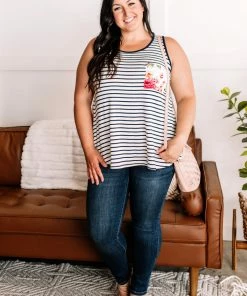 No Ship Drop Ship Apparel Flip A Switch Striped Floral Tank In Navy & Ivory