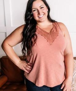 No Ship Drop Ship A Million Miles Crochet V Neck Sleeveless Top In Subdued Sienna