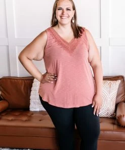 No Ship Drop Ship A Million Miles Crochet V Neck Sleeveless Top In Subdued Sienna