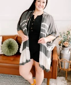 No Ship Drop Ship Apparel Open To Interpretation Tie Back Kimono In Charcoal