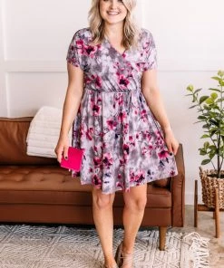 No Ship Drop Ship Time To Bloom Dress In Magenta & Grey Apparel