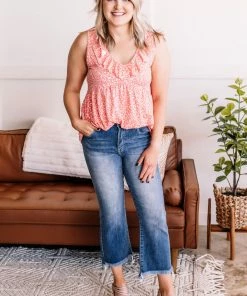 No Ship Drop Ship On The Prowl Ruffled Top In Coral