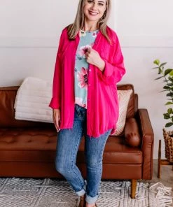 No Ship Drop Ship Fray For Me Pink Fringe Button Down Top