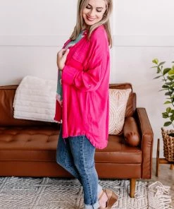 No Ship Drop Ship Fray For Me Pink Fringe Button Down Top