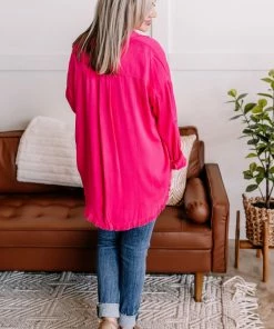 No Ship Drop Ship Fray For Me Pink Fringe Button Down Top