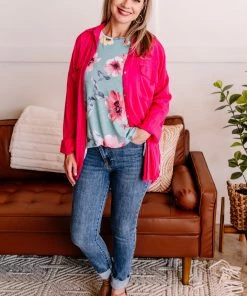 No Ship Drop Ship Fray For Me Pink Fringe Button Down Top