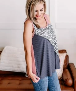 No Ship Drop Ship Uncaged Color Block Animal Print Sleeveless Top In Rose & Gray