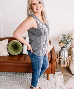 No Ship Drop Ship Thread Your Way Sleeveless Embroidered Top In Charcoal (GHG-S) GHG- Shop Singles