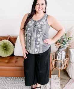 No Ship Drop Ship Thread Your Way Sleeveless Embroidered Top In Charcoal (GHG-S) GHG- Shop Singles