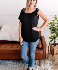 No Ship Drop Ship Brush It Off One Shoulder Tie Top In Jet Black M 14 No Ship Drop Ship Brush It Off One Shoulder Tie Top In Jet Black M