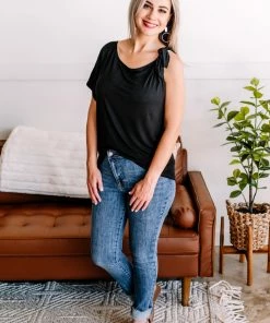 No Ship Drop Ship Brush It Off One Shoulder Tie Top In Jet Black M 18 No Ship Drop Ship Brush It Off One Shoulder Tie Top In Jet Black M