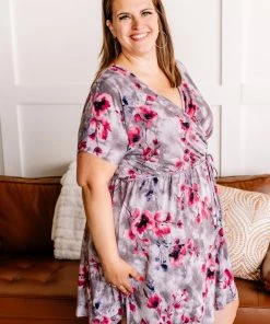 No Ship Drop Ship Time To Bloom Dress In Magenta & Grey Apparel