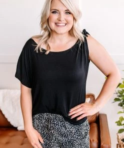 No Ship Drop Ship Brush It Off One Shoulder Tie Top In Jet Black M 15 No Ship Drop Ship Brush It Off One Shoulder Tie Top In Jet Black M