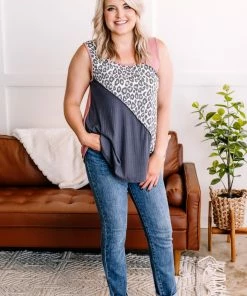 No Ship Drop Ship Uncaged Color Block Animal Print Sleeveless Top In Rose & Gray