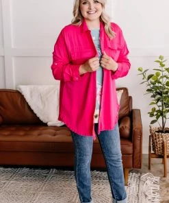 No Ship Drop Ship Fray For Me Pink Fringe Button Down Top