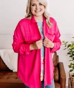 No Ship Drop Ship Fray For Me Pink Fringe Button Down Top