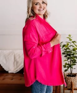 No Ship Drop Ship Fray For Me Pink Fringe Button Down Top