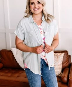 No Ship Drop Ship M Light As Air Button Down Top In Washed Sage